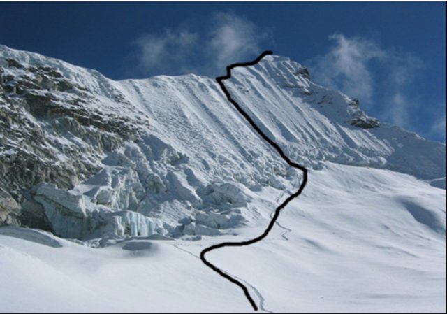 Fotografía del monte en la zona de hielo y nieve con un marcado de la ruta